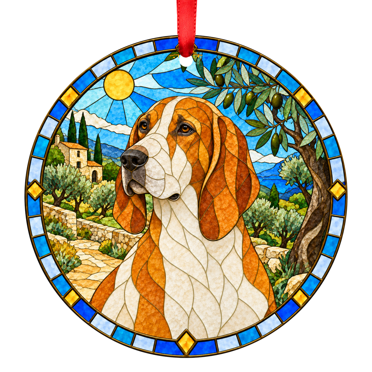 French White and Orange Hound White and Orange porcelain Christmas ornament with red ribbon — ORN-10772