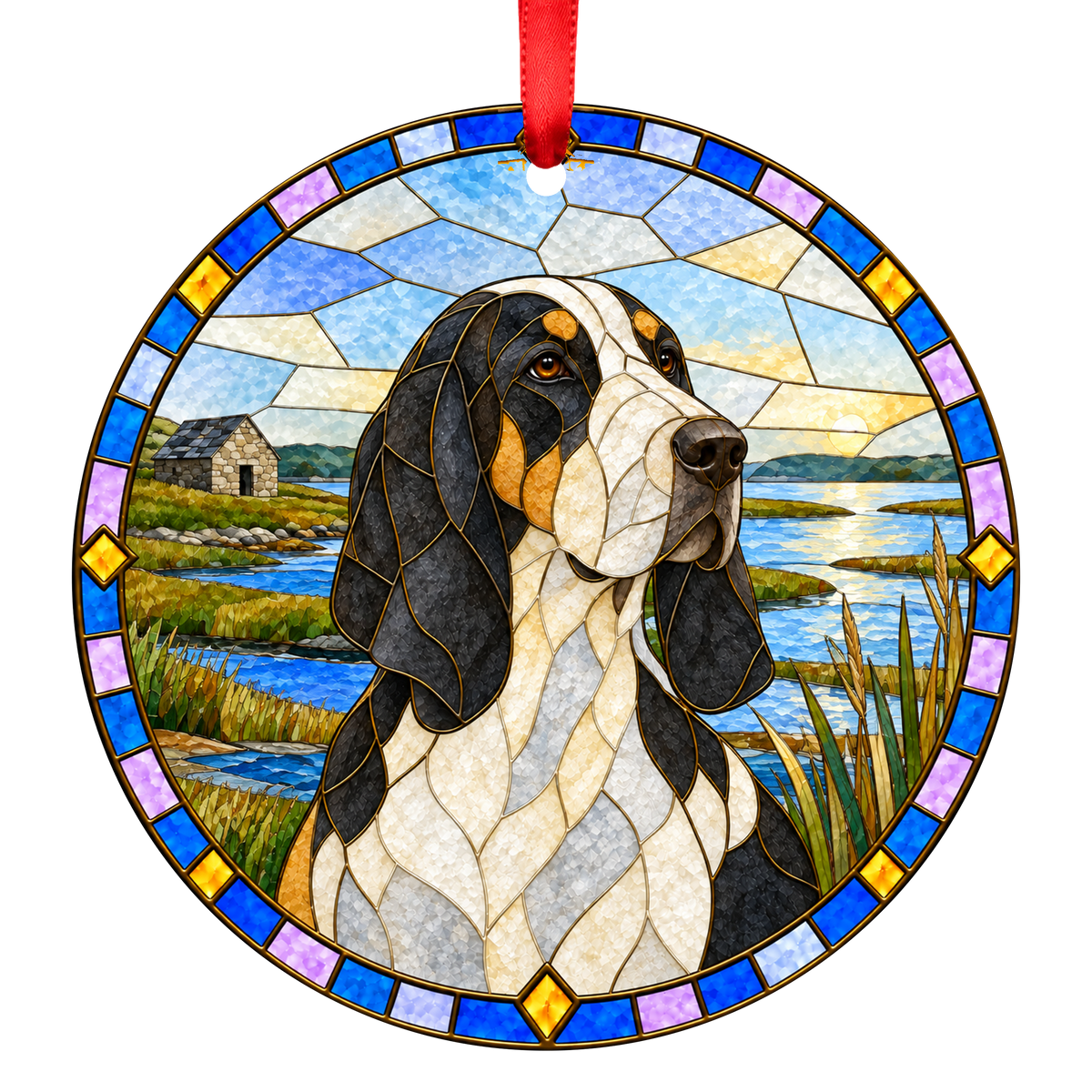 Gascon Saintongeois Black, White and Tan porcelain Christmas ornament with red ribbon — ORN-10773