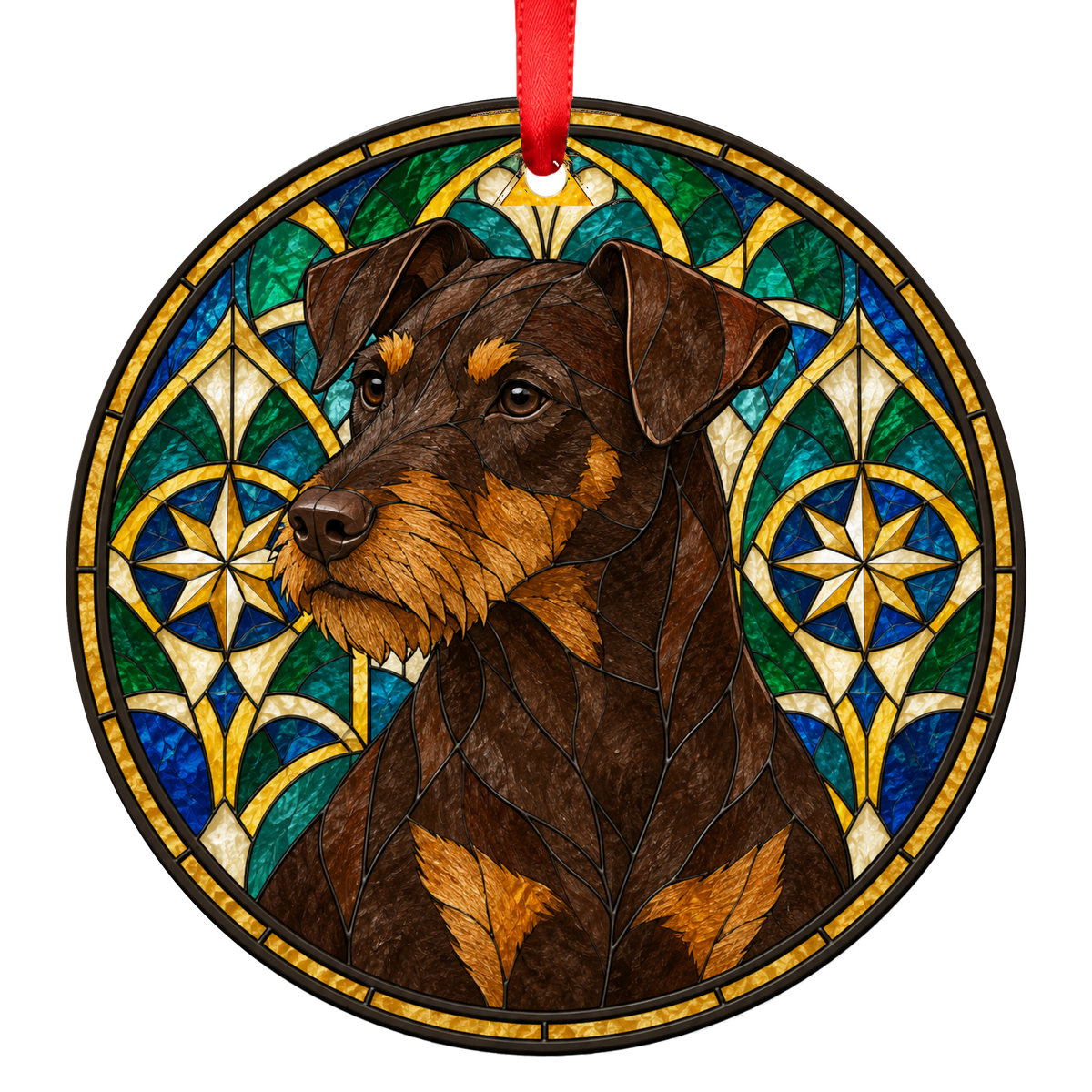 German Hunting Terrier Dark Brown and Tan stained glass ornament