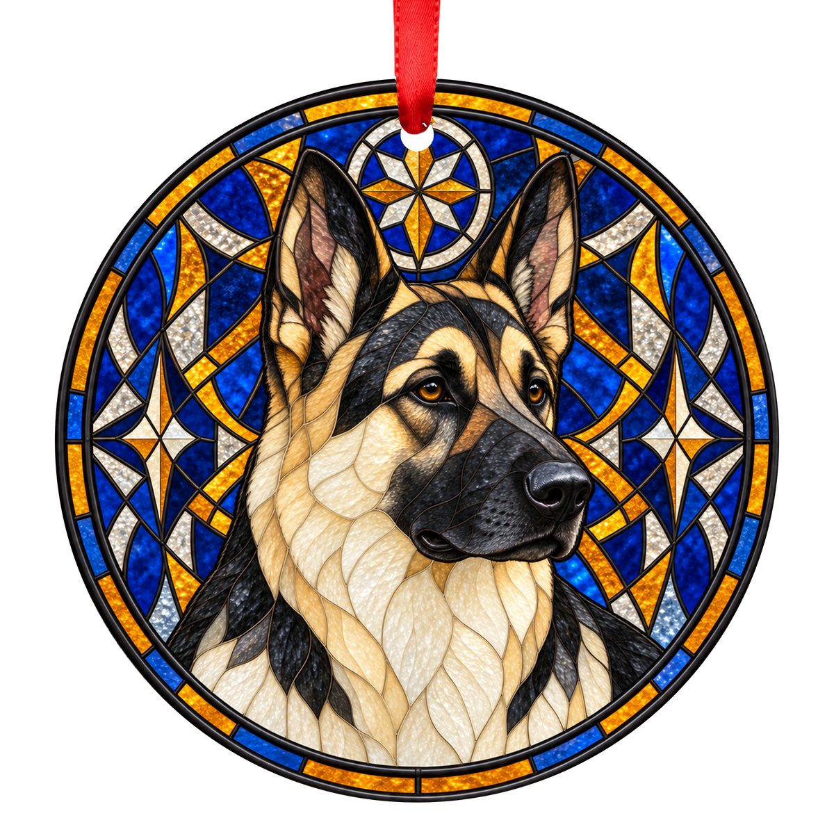 German Shepherd Dog Black and Cream stained glass style Christmas ornament