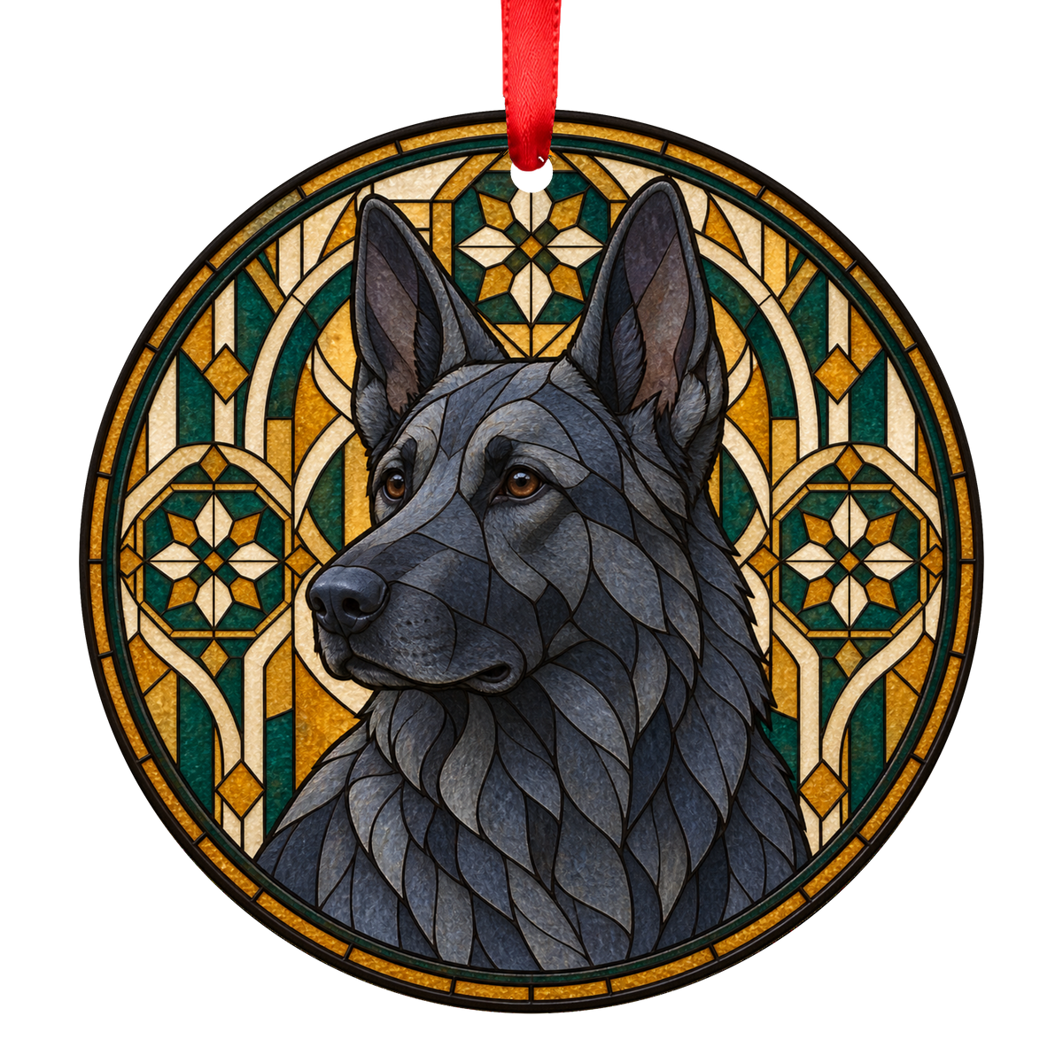 German Shepherd Dog Blue stained glass style Christmas ornament