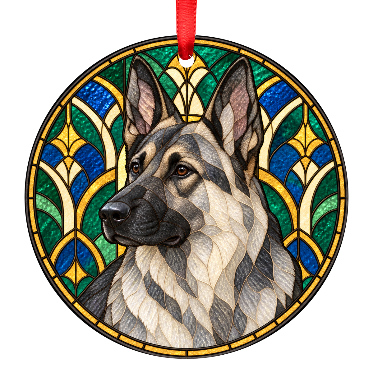 German Shepherd Dog Grey Sable stained glass style Christmas ornament