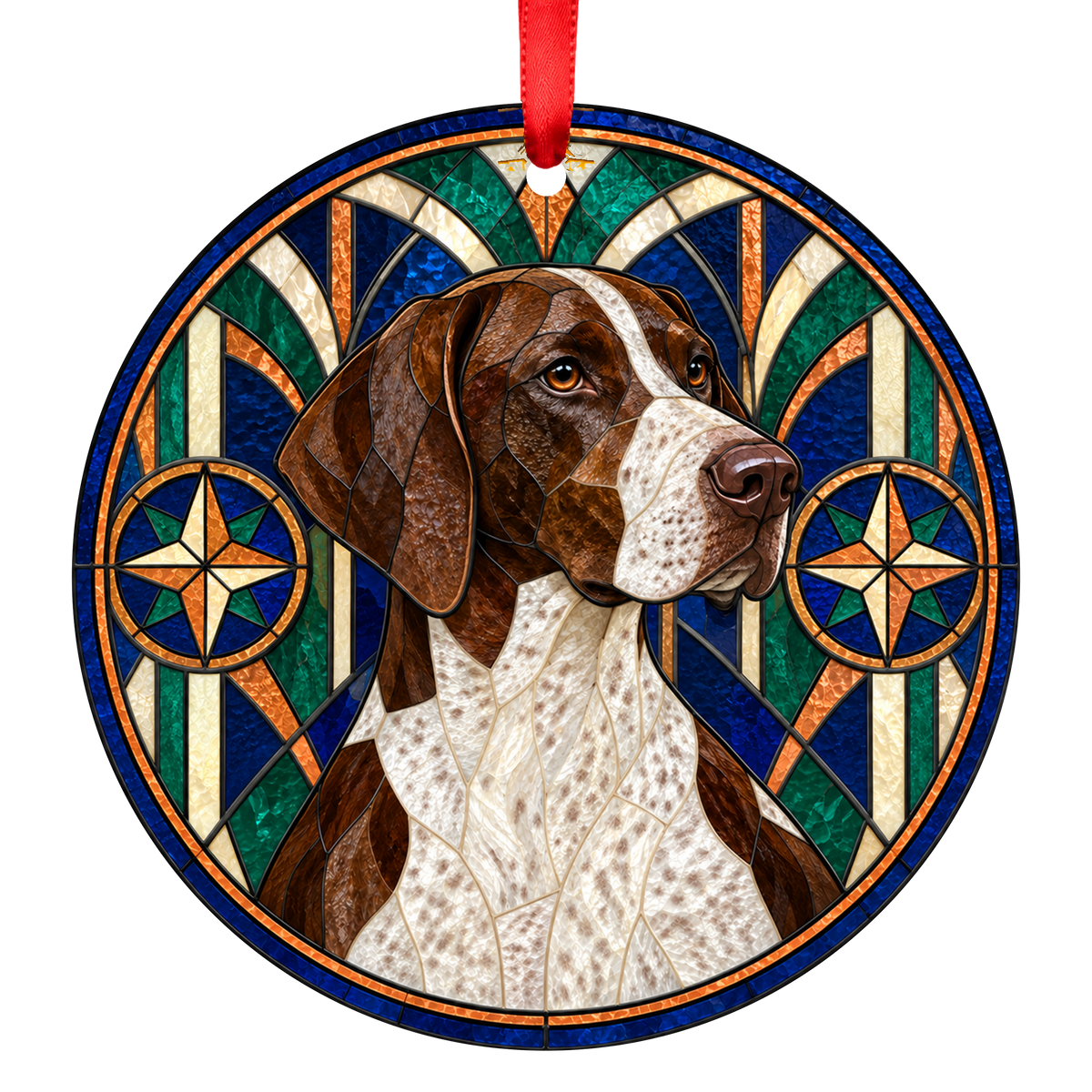 German Shorthaired Pointer Liver and White stained glass style Christmas ornament