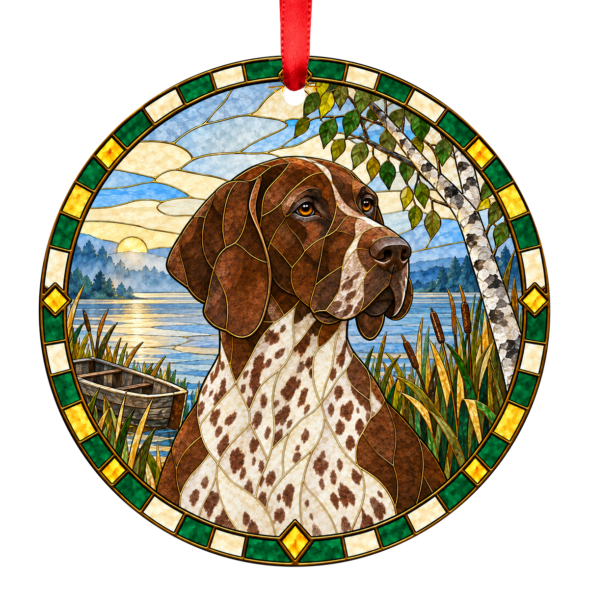 German Shorthaired Pointer Liver and White Ticked stained glass style Christmas ornament
