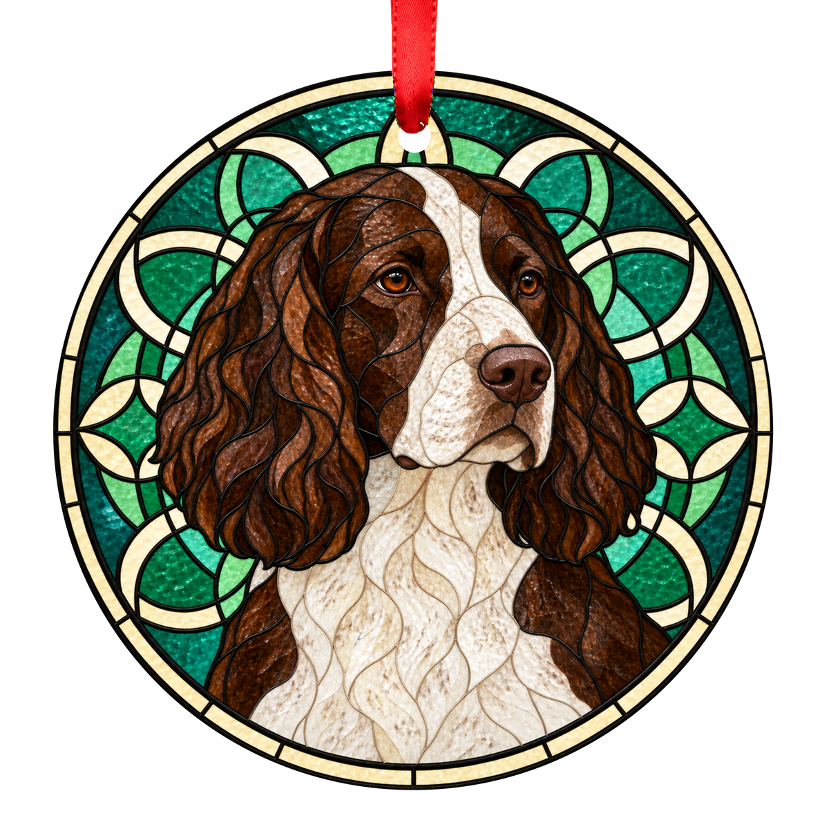 German Spaniel Brown and White stained glass Christmas ornament