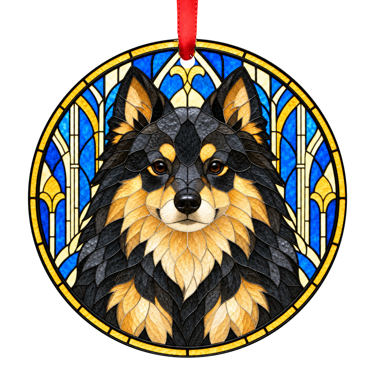 German Spitz Black and Tan stained glass style Christmas ornament