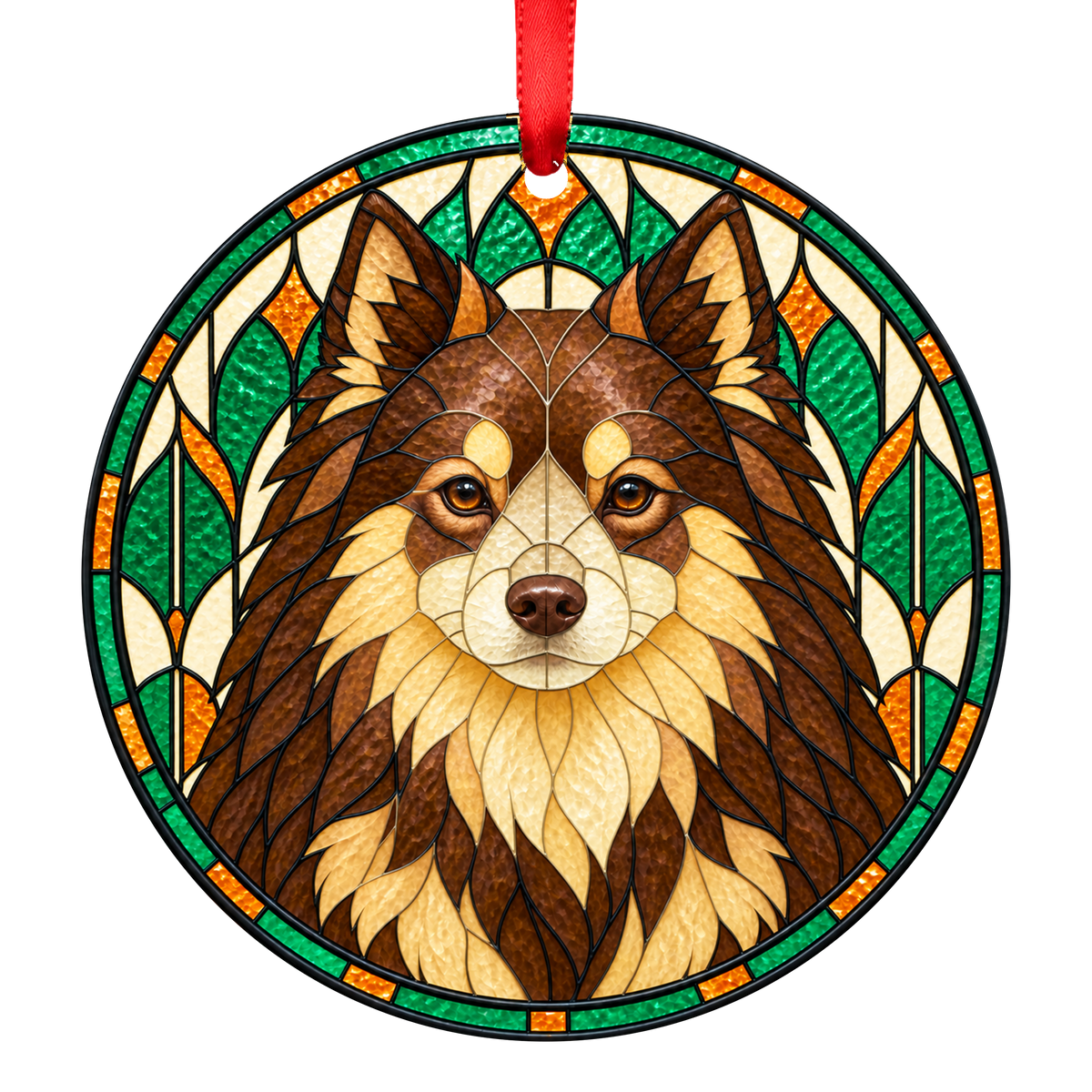 German Spitz Brown and Tan stained glass style Christmas ornament