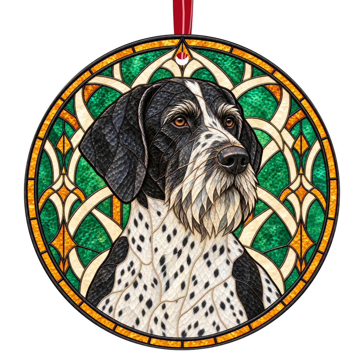 German Wirehaired Pointer Black White Ticked stained glass style Christmas ornament
