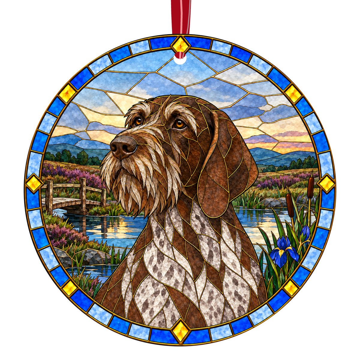 German Wirehaired Pointer Liver Roan stained glass style Christmas ornament
