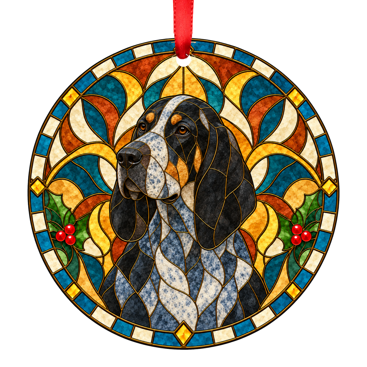 Grand Bleu de Gascogne Blue Ticked and Tan stained glass style Christmas ornament