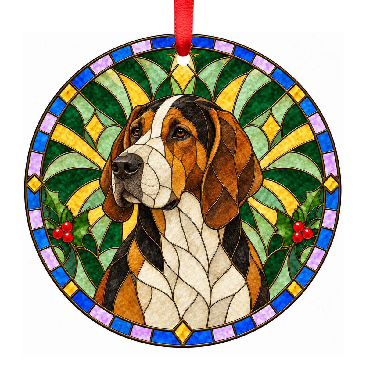 Great Anglo-French Tricolour Hound Tricolor porcelain Christmas ornament with red ribbon — ORN-10863