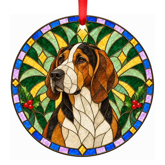 Great Anglo-French Tricolour Hound Tricolor porcelain Christmas ornament with red ribbon — ORN-10863