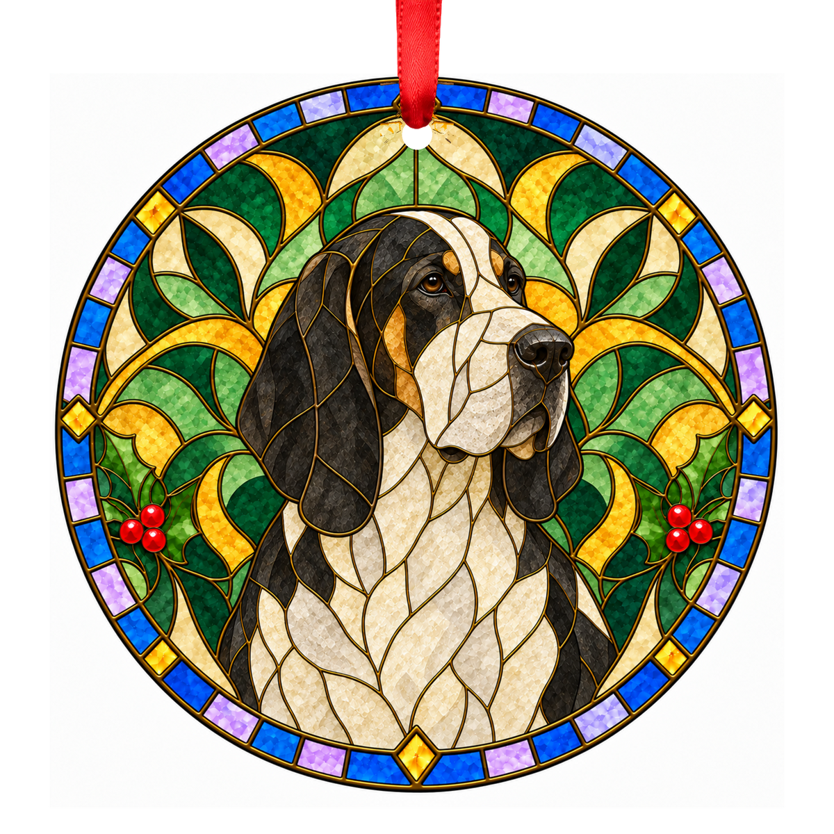 Great Anglo-French White and Black Hound White and Black stained glass style Christmas ornament