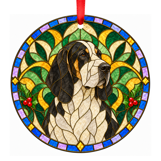Great Anglo-French White and Black Hound White and Black stained glass style Christmas ornament