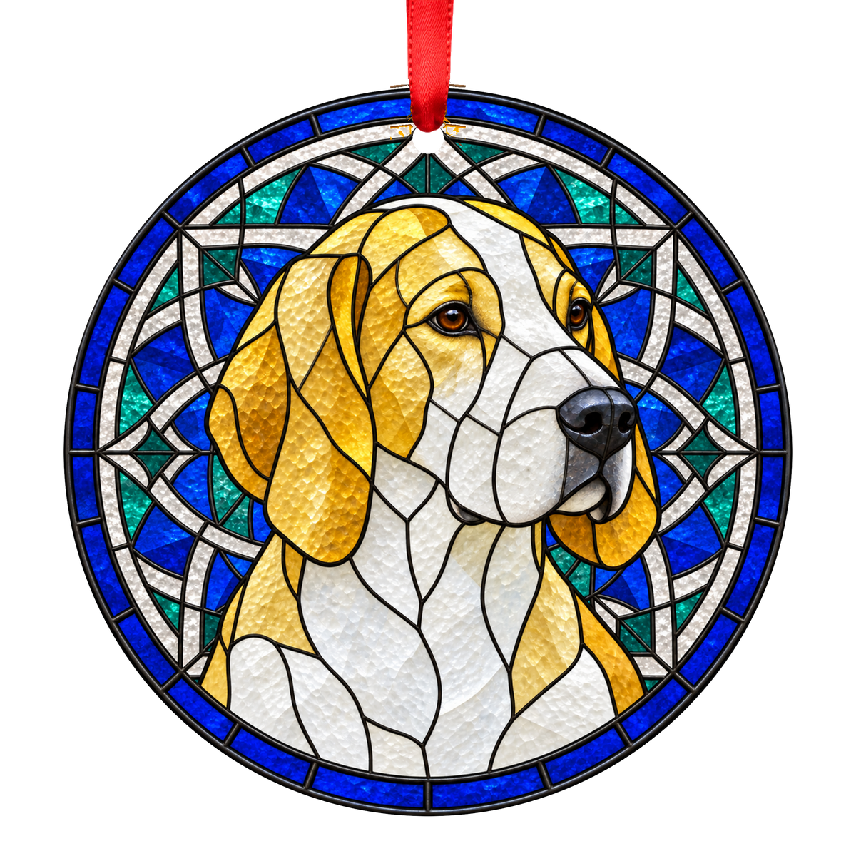 Great Anglo-French White and Orange Hound Lemon and White stained glass style Christmas ornament — ORN-10866