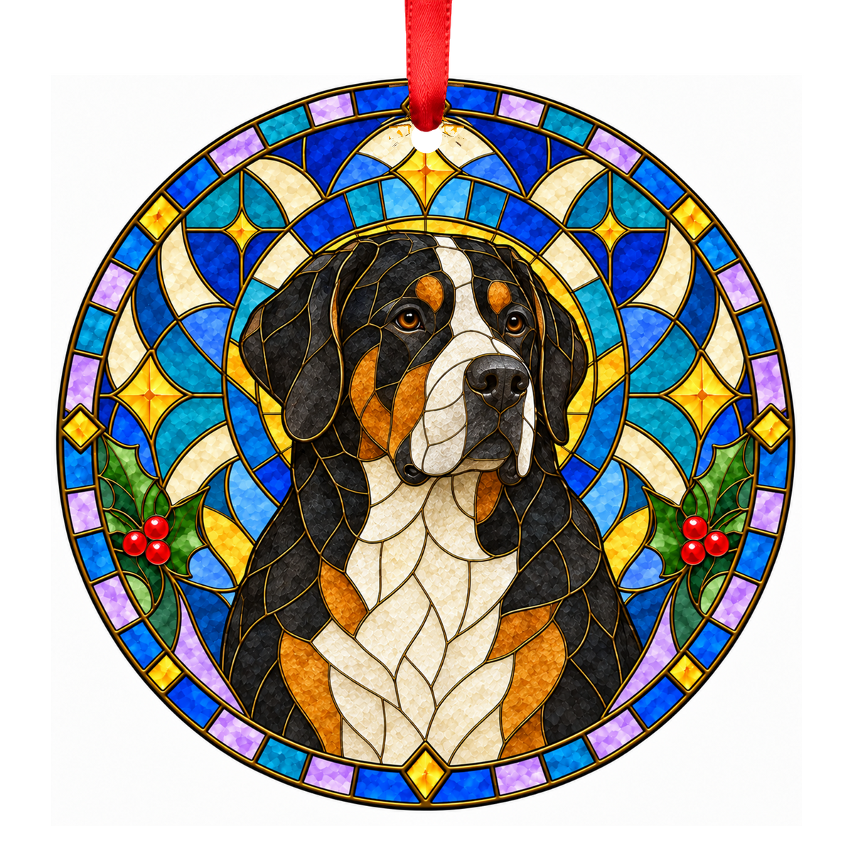 Great Swiss Mountain Dog Tricolor stained glass style Christmas ornament