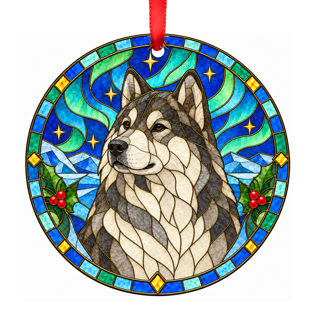 Greenland Dog Gray and White stained glass style Christmas ornament - ORN-10885