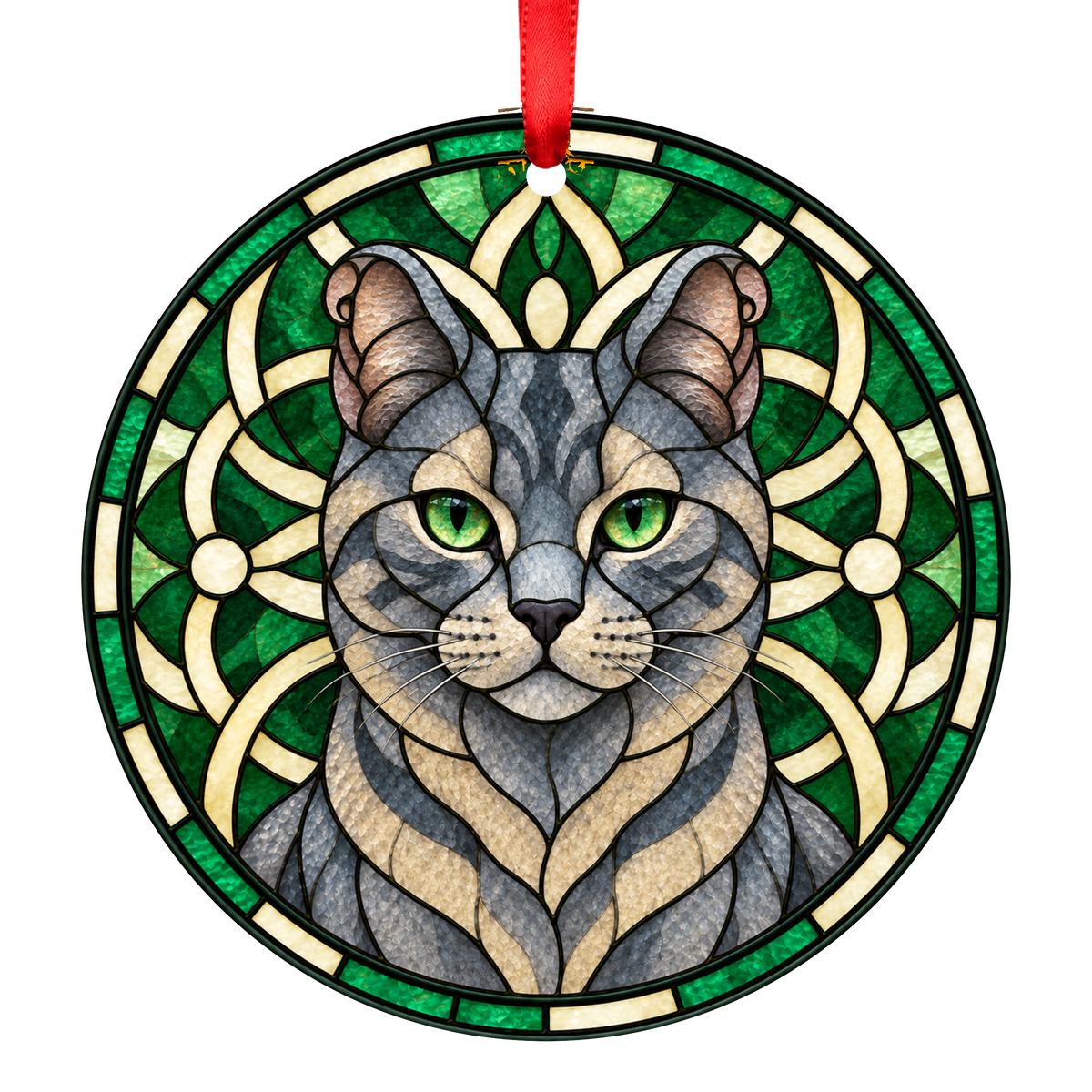 Highlander Blue Cream Tabby Stained Glass Style Christmas Ornament