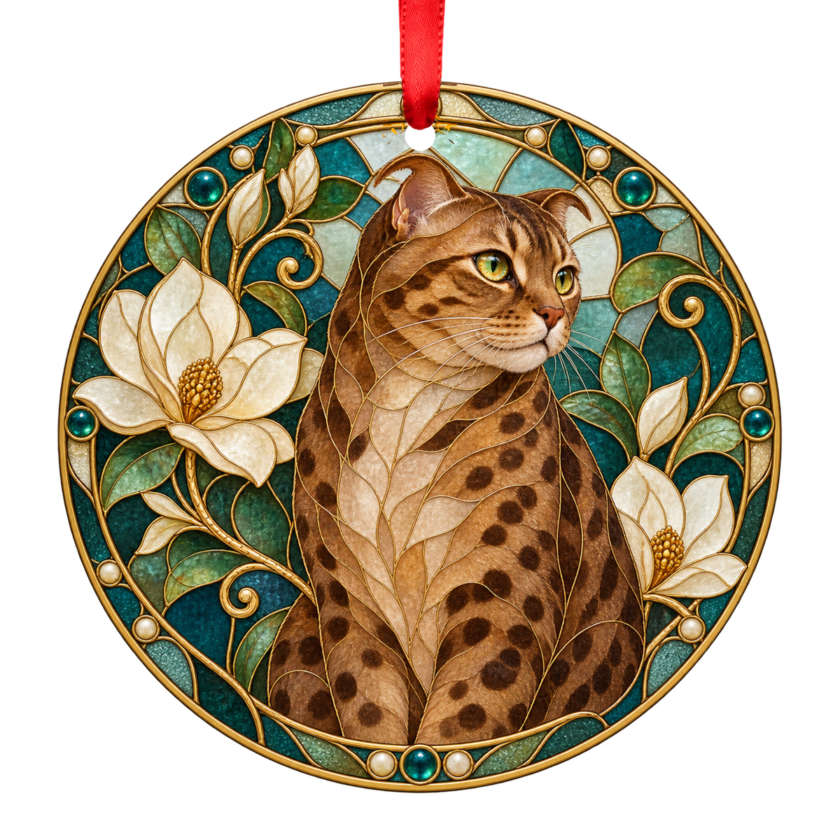 Highlander Brown Spotted Tabby Stained Glass Style Christmas Ornament