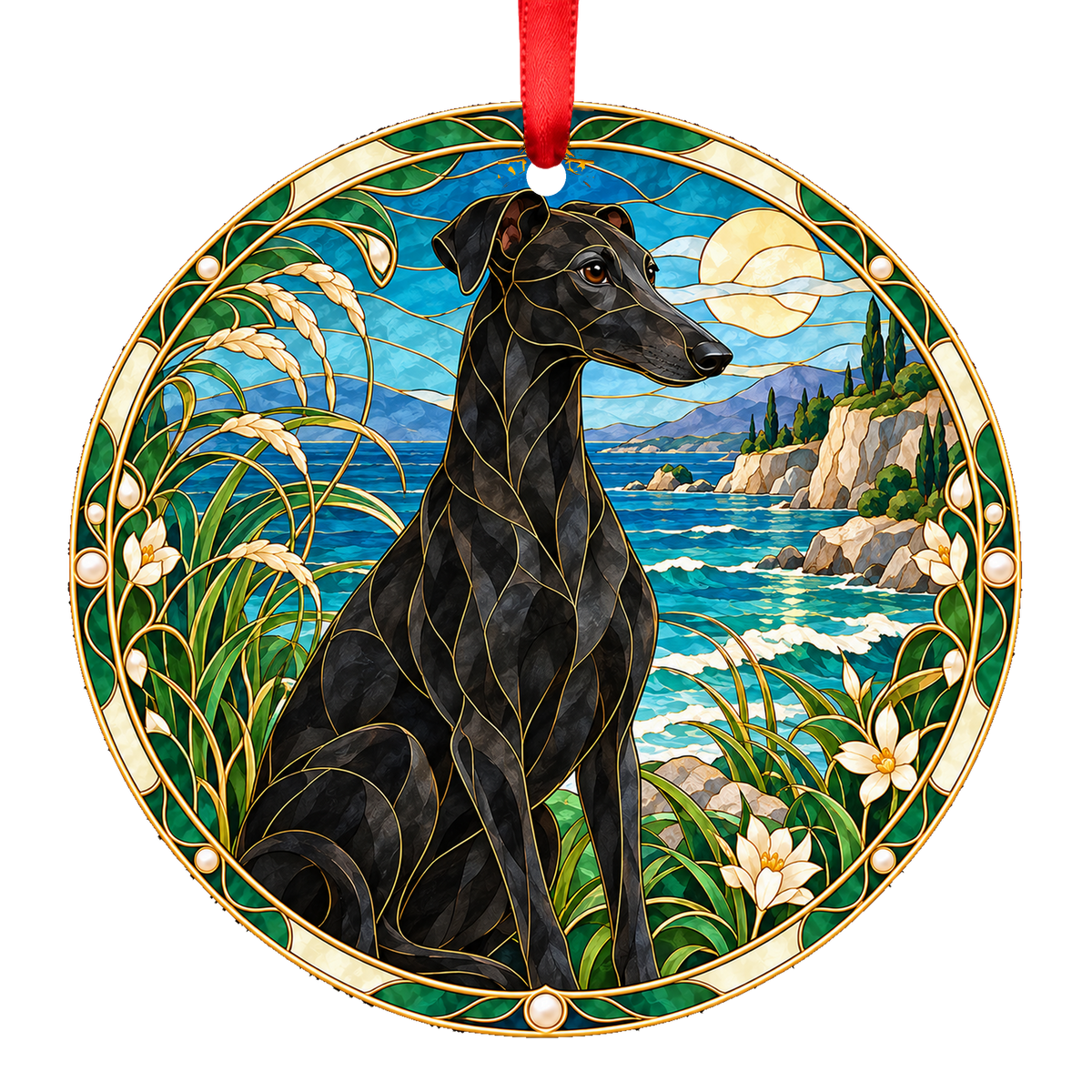 Hungarian Greyhound Black stained glass style Christmas ornament mockup