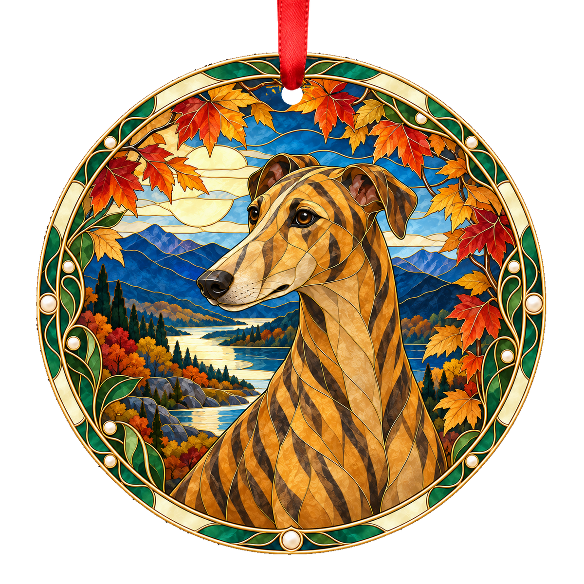 Hungarian Greyhound Brindle stained glass style Christmas ornament mockup