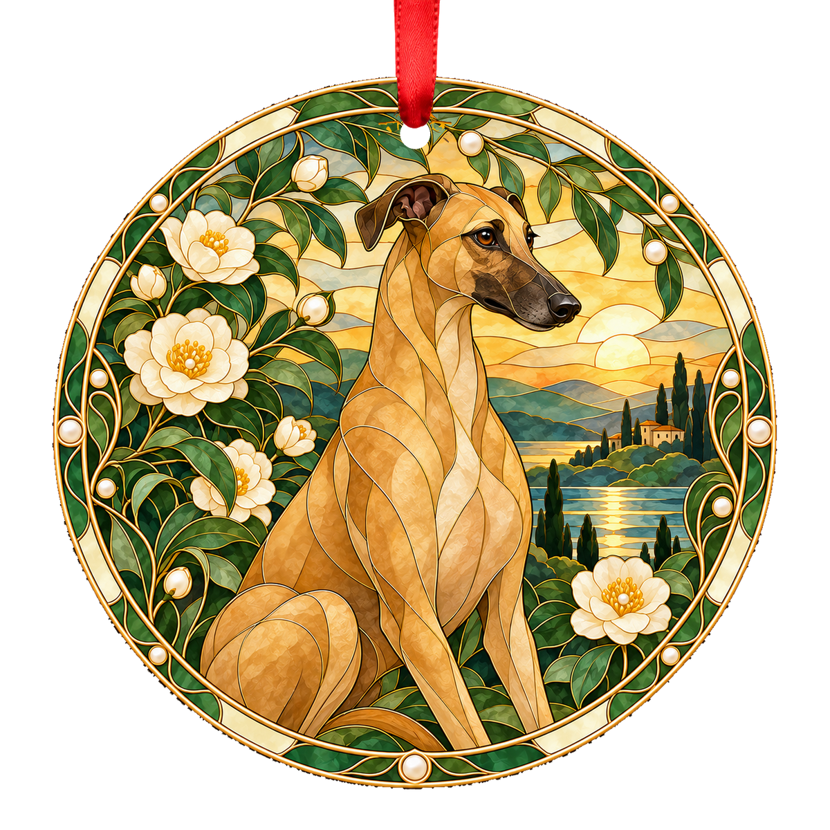 Hungarian Greyhound Fawn stained glass style Christmas ornament mockup