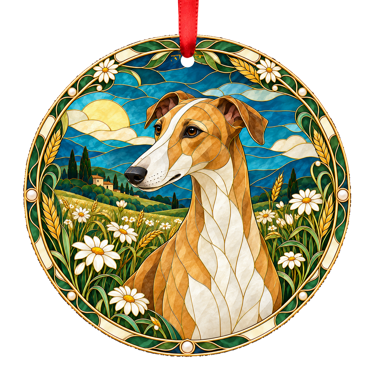 Hungarian Greyhound Fawn and White stained glass style Christmas ornament mockup