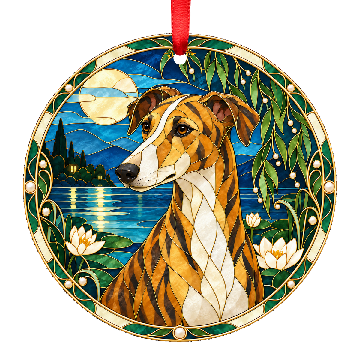 Hungarian Greyhound Brindle and White stained glass style Christmas ornament mockup