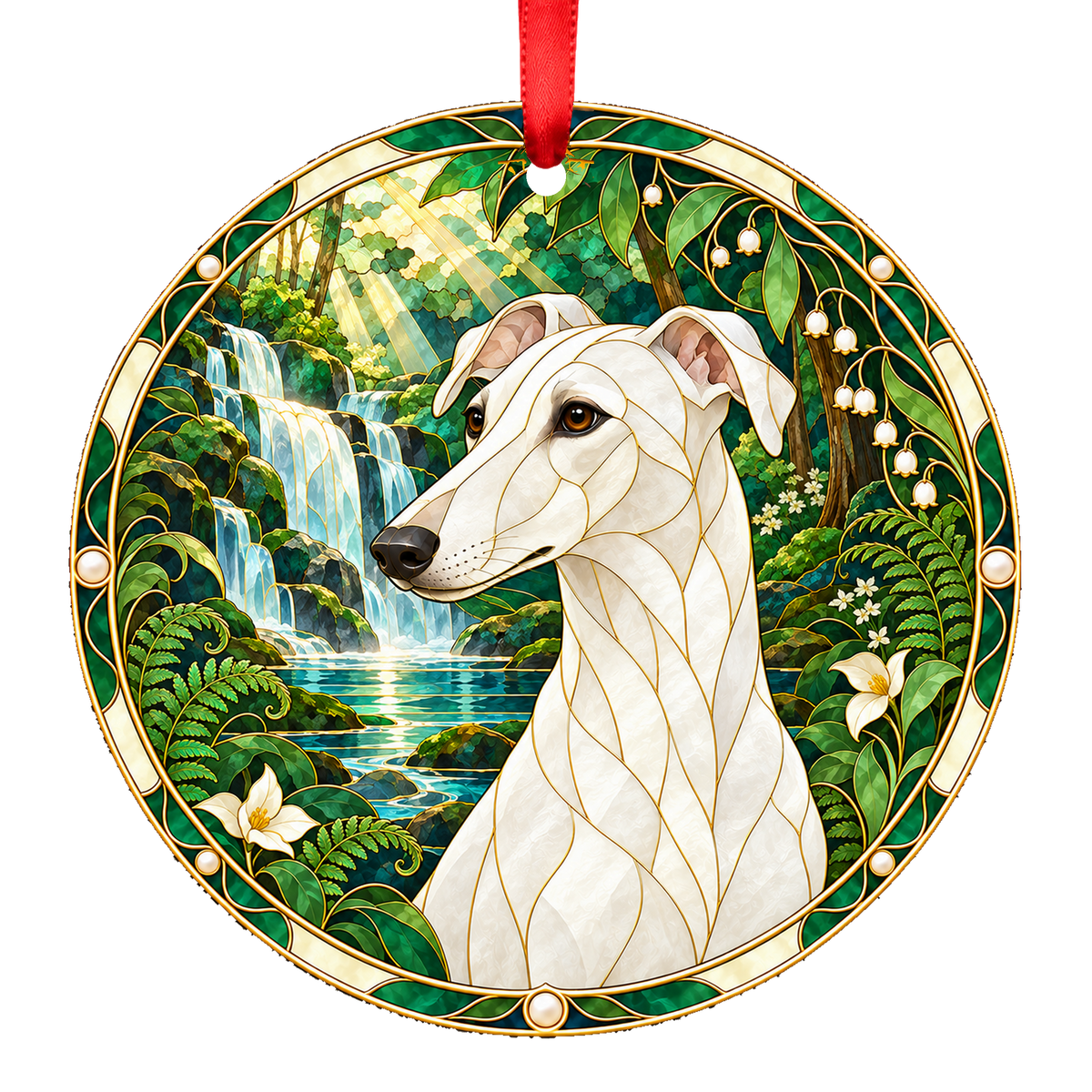 Hungarian Greyhound White stained glass style Christmas ornament mockup