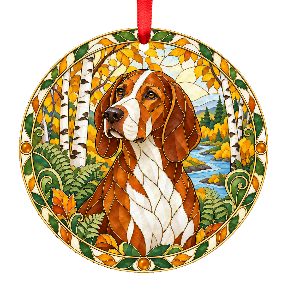 Hygen Hound Red and White porcelain Christmas ornament with red ribbon — ORN-11006
