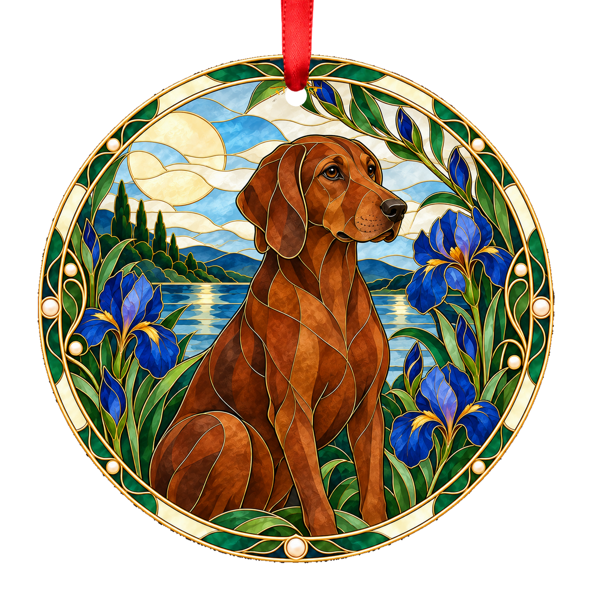 Hygen Hound Red Brown porcelain Christmas ornament with red ribbon — ORN-11007