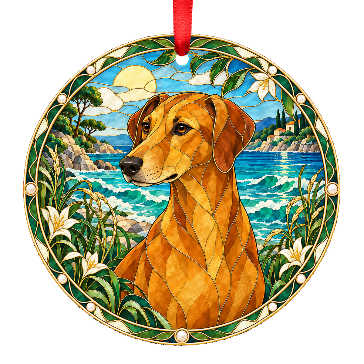 Hygen Hound Yellow and Red porcelain Christmas ornament with red ribbon — ORN-11010