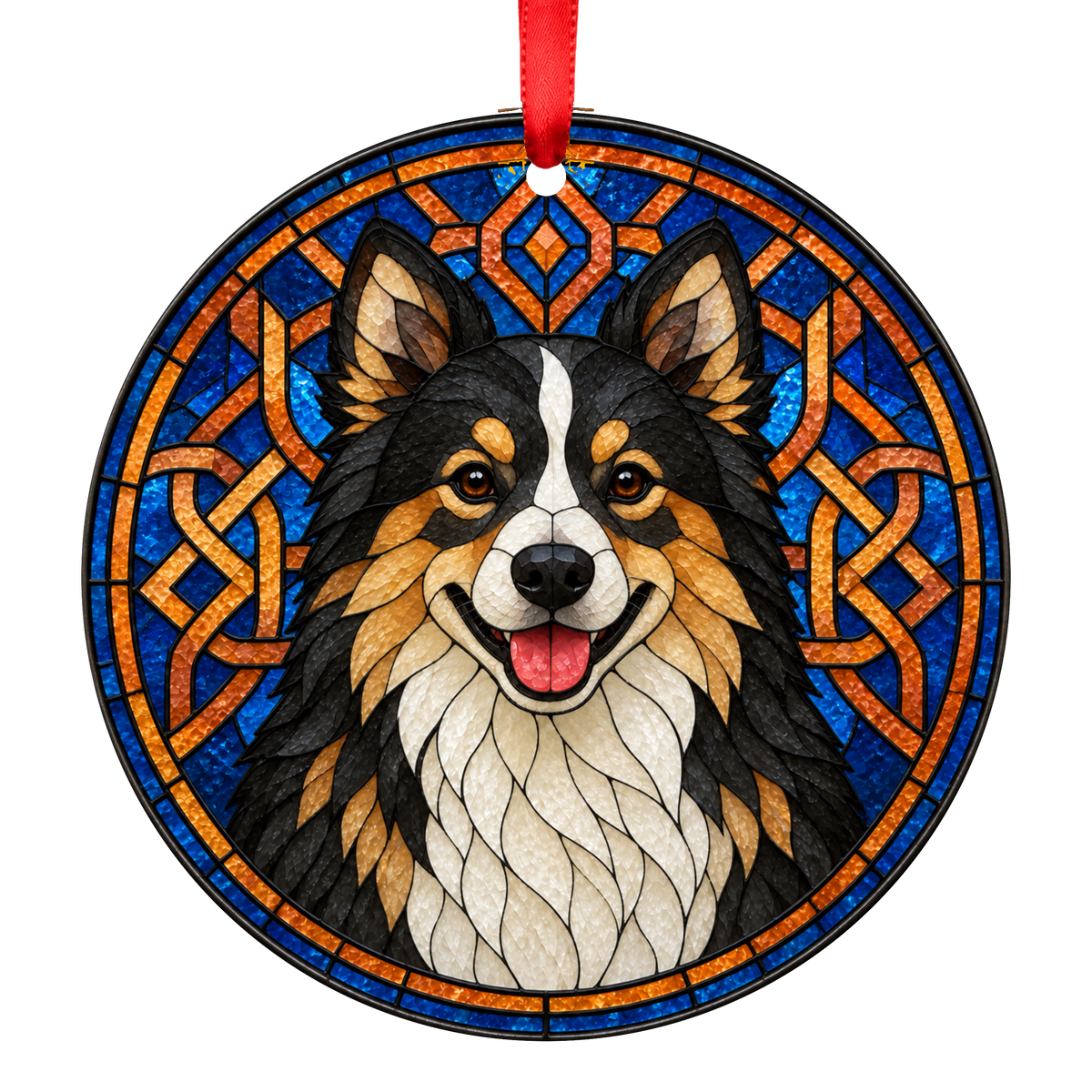 Icelandic Sheepdog Black Tan and White stained glass style Christmas ornament mockup