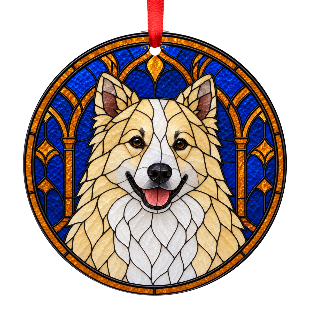 Icelandic Sheepdog Cream and White stained glass style Christmas ornament mockup