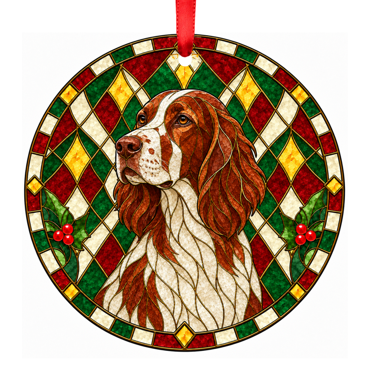 Irish Red and White Setter Red and White stained glass style Christmas ornament mockup