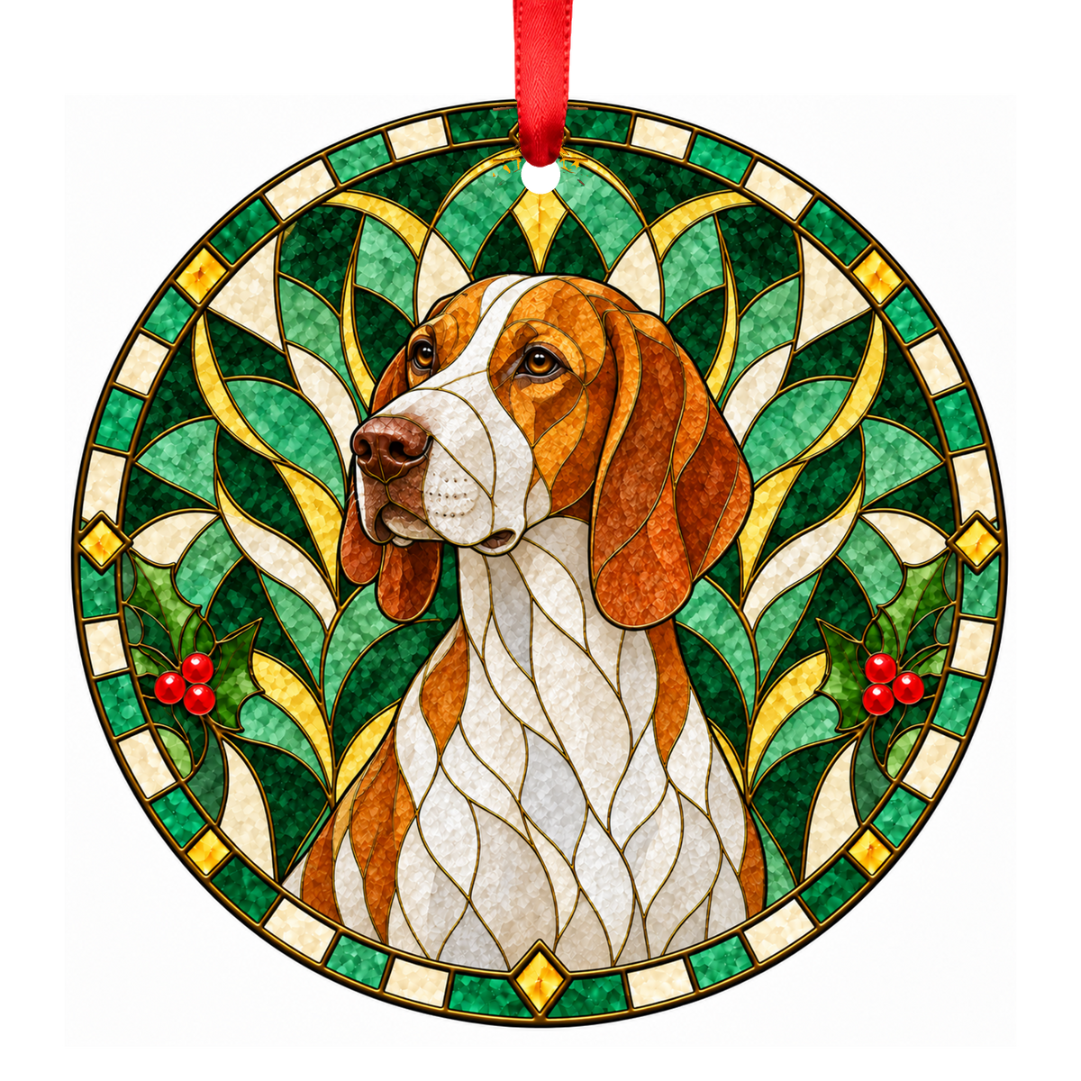 Istrian Shorthaired Hound White and Orange stained glass style Christmas ornament mockup