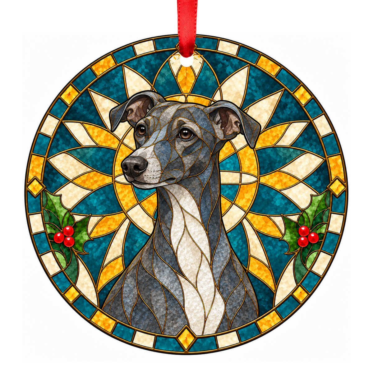 Italian Greyhound Blue and White stained glass style Christmas ornament
