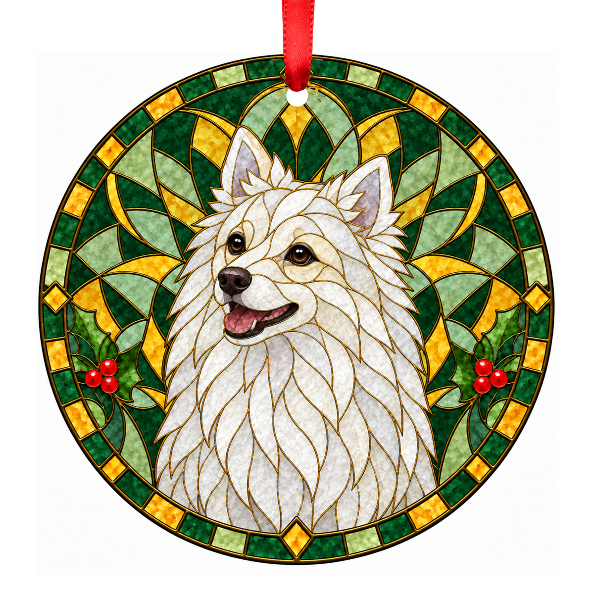 Italian Volpino White stained glass style Christmas ornament mockup