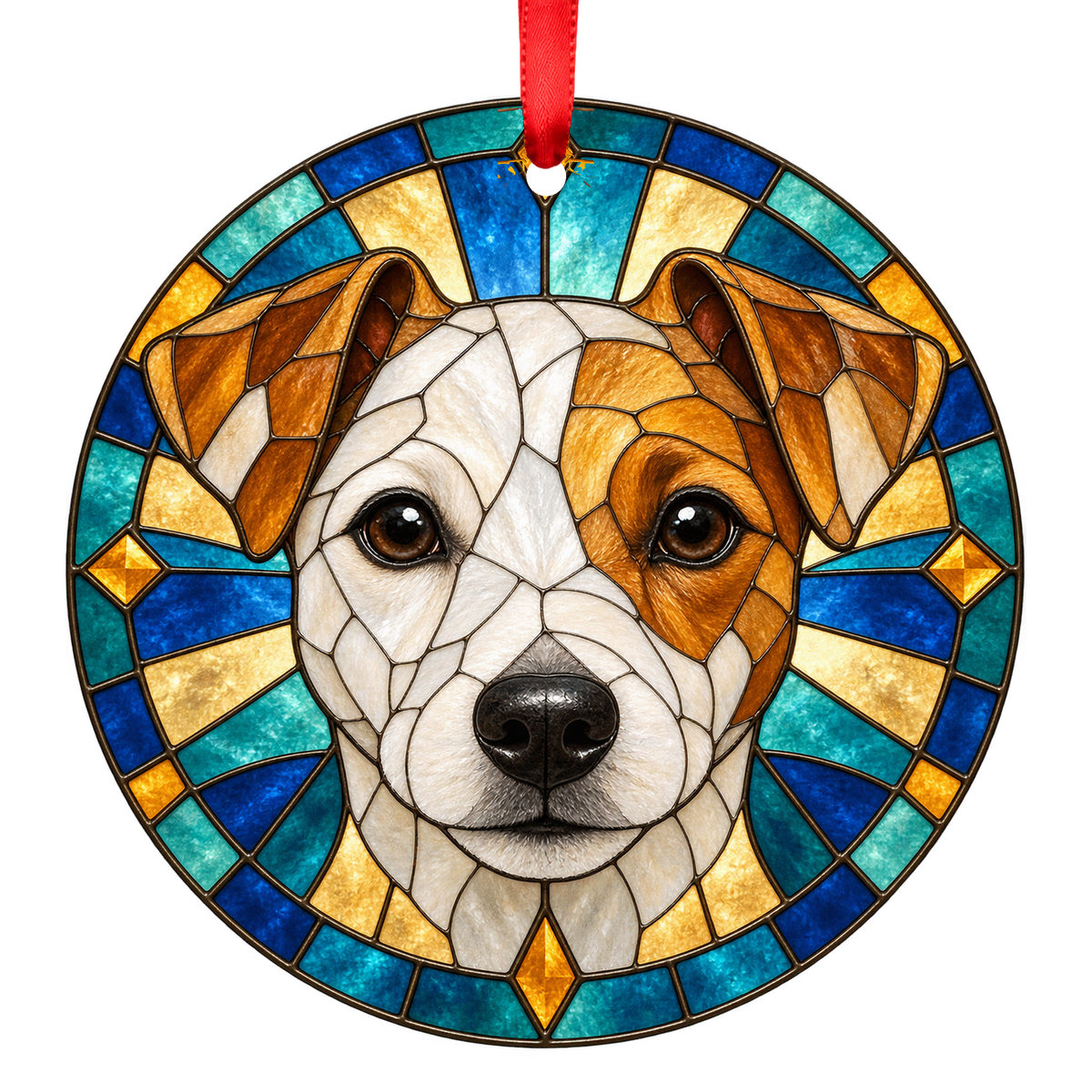 Jack Russell Terrier Tan and White Stained Glass Style Christmas Ornament