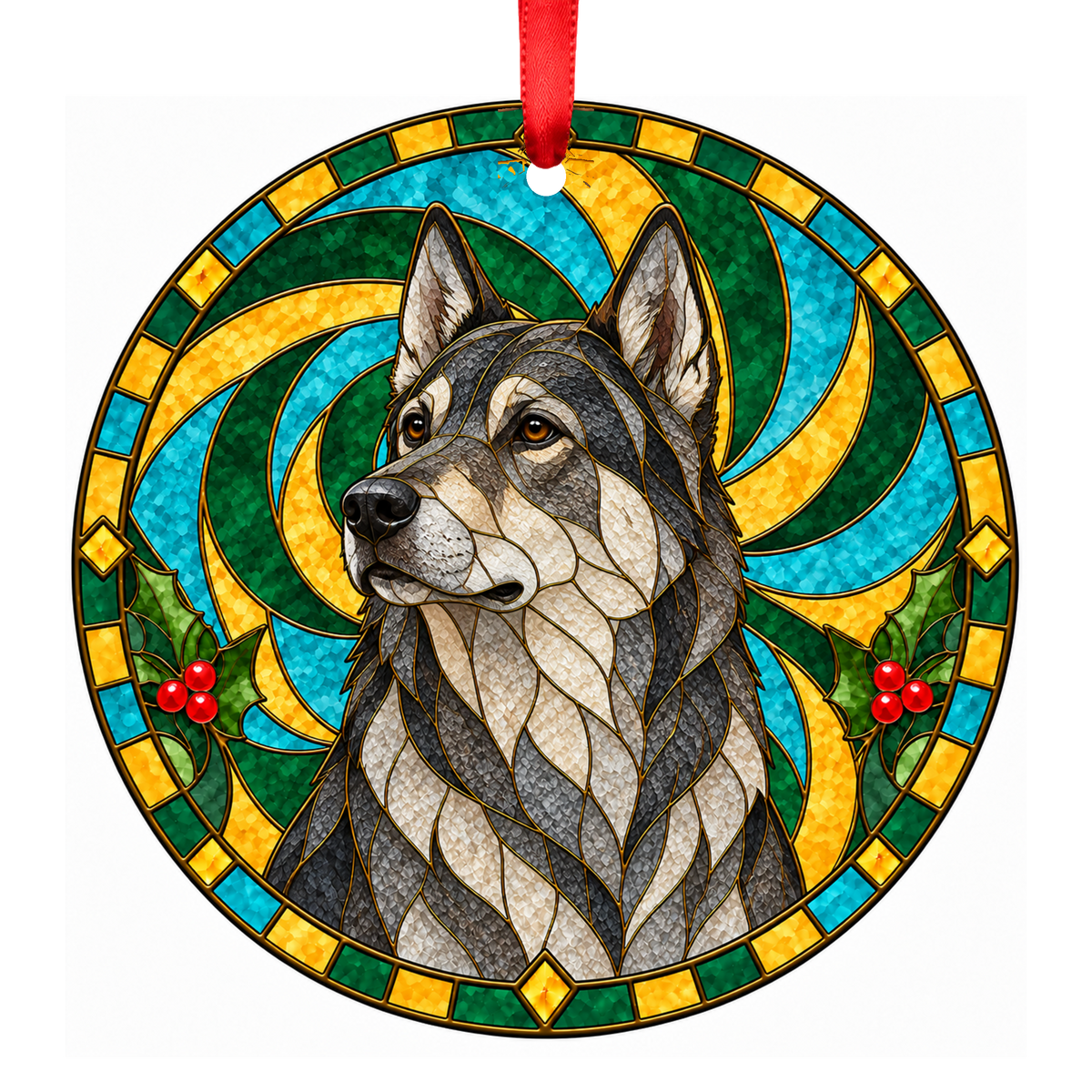 Jämthund Wolf Gray Stained Glass Style Christmas Ornament