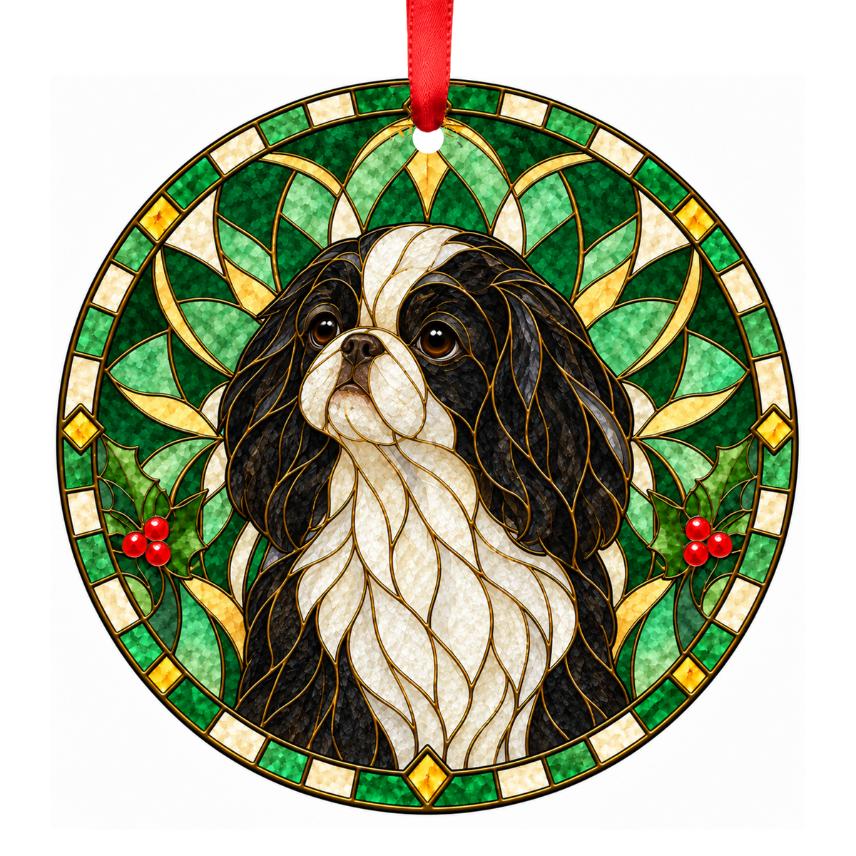 Japanese Chin Black and White Stained Glass Style Christmas Ornament
