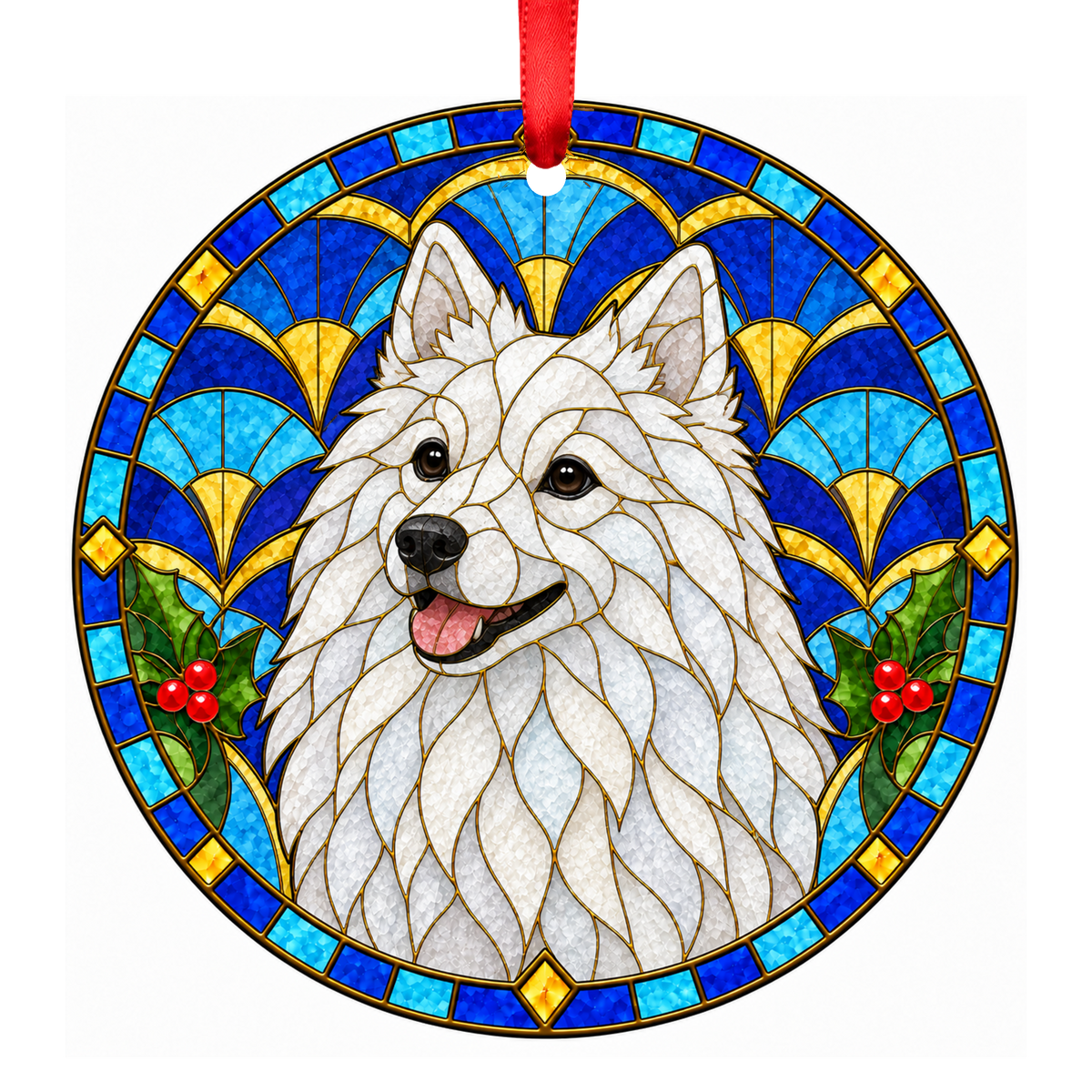 Japanese Spitz White Stained Glass Style Christmas Ornament