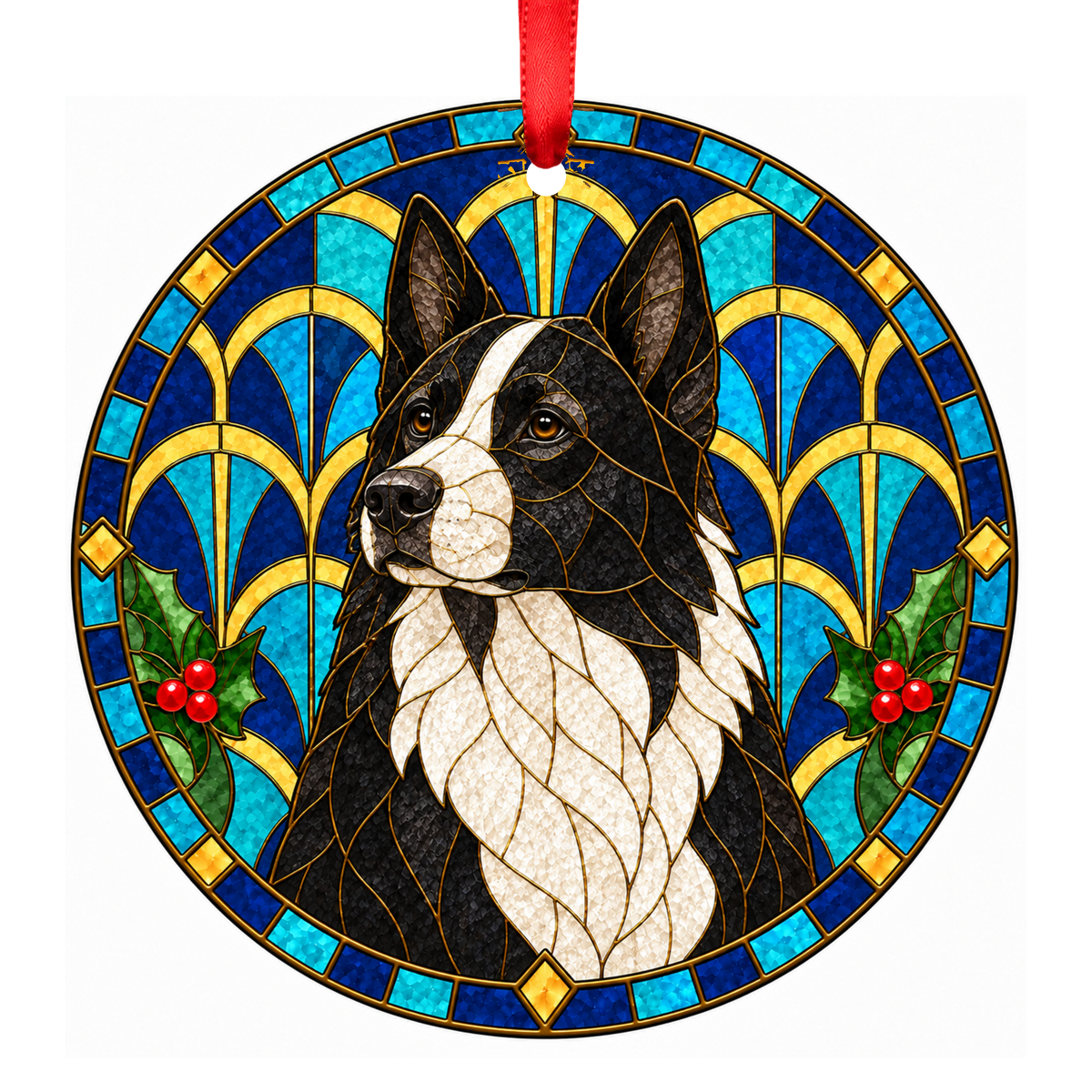 Karelian Bear Dog Black and White stained glass style Christmas ornament mockup
