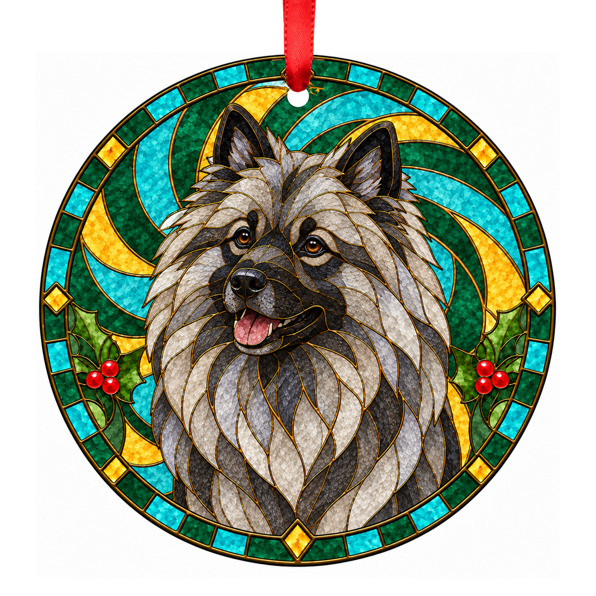 Keeshond Wolf Sable Stained Glass Style Christmas Ornament