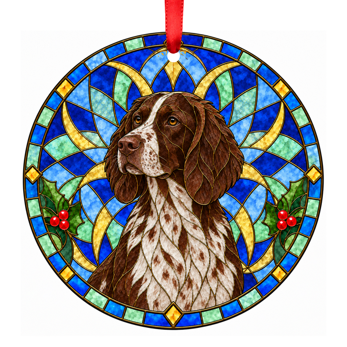 Kleiner Münsterländer Brown and White Ticked stained glass pet Christmas ornament