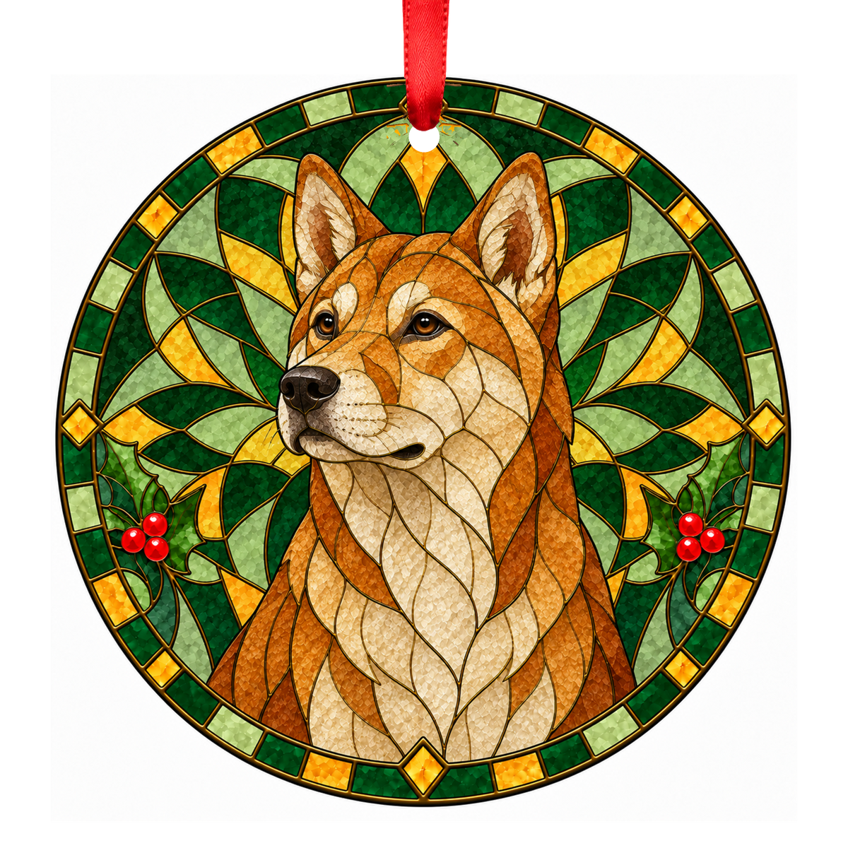 Korea Jindo Dog Red Fawn stained glass pet Christmas ornament