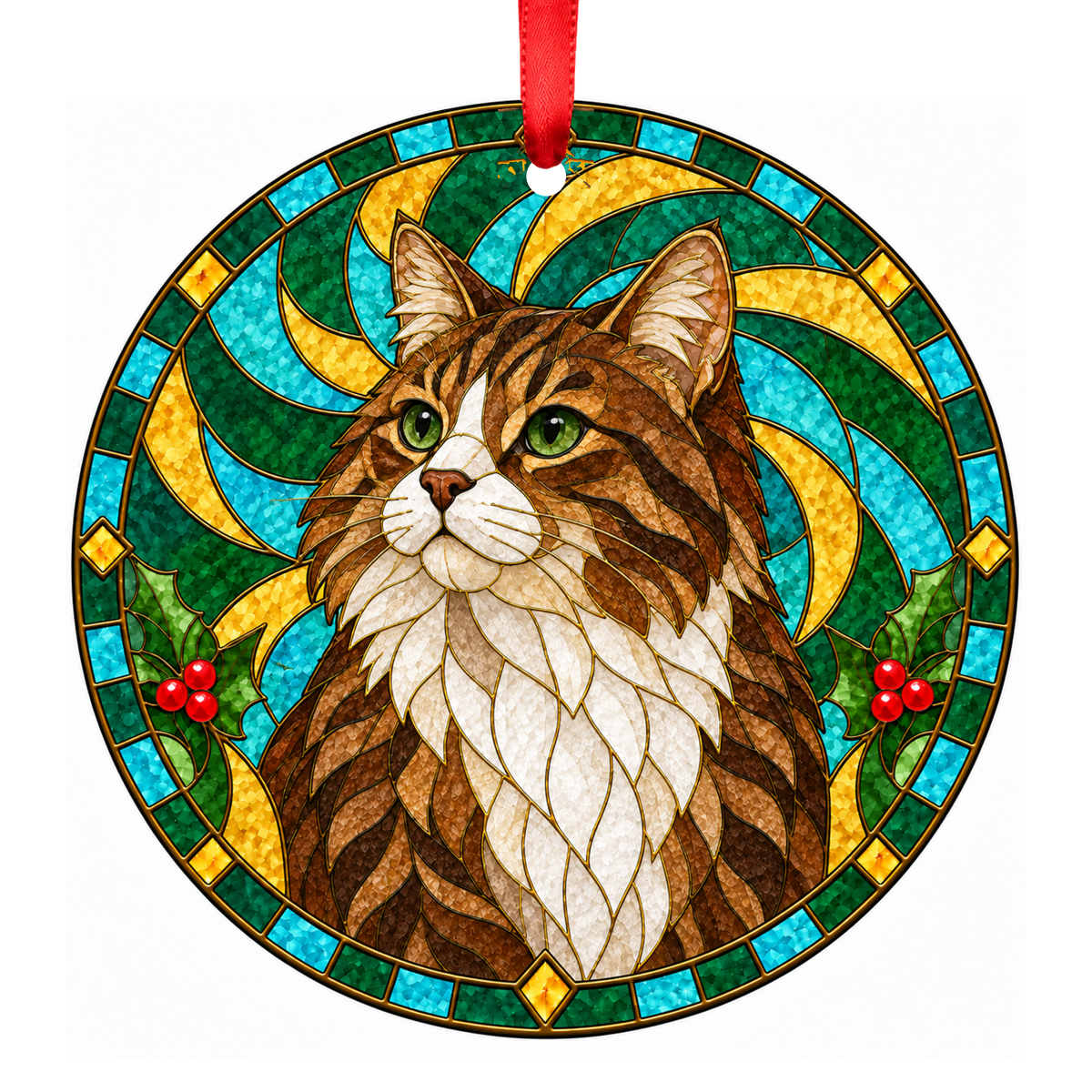 Kurilian Bobtail Brown Tabby and White stained glass pet Christmas ornament