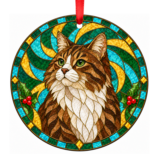 Kurilian Bobtail Brown Tabby and White stained glass pet Christmas ornament