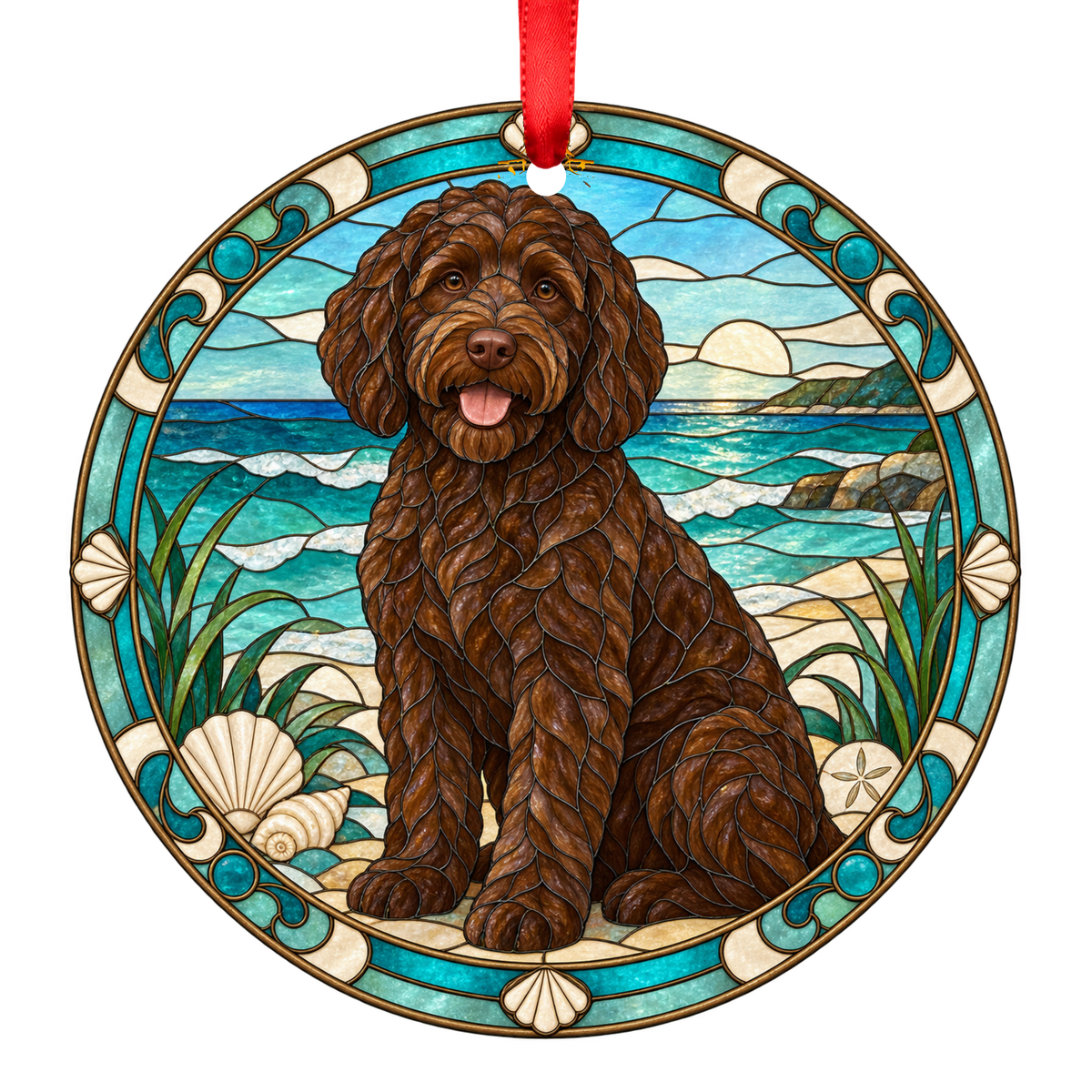 Labradoodle Chocolate stained glass pet Christmas ornament