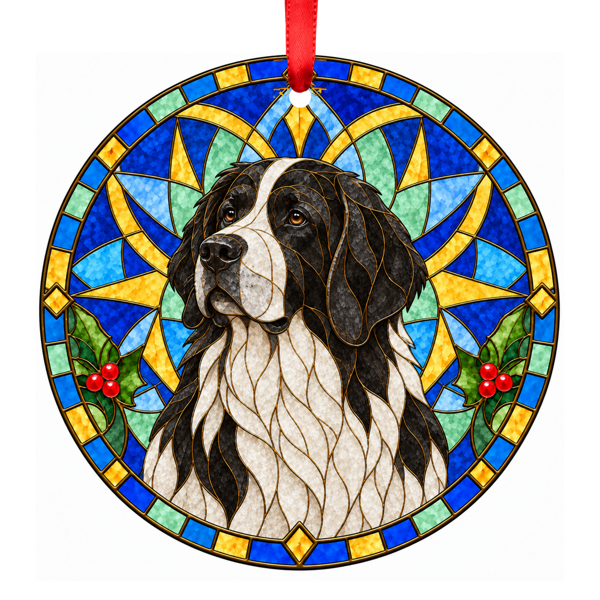 Landseer (European Continental Type) Black and White stained glass pet Christmas ornament